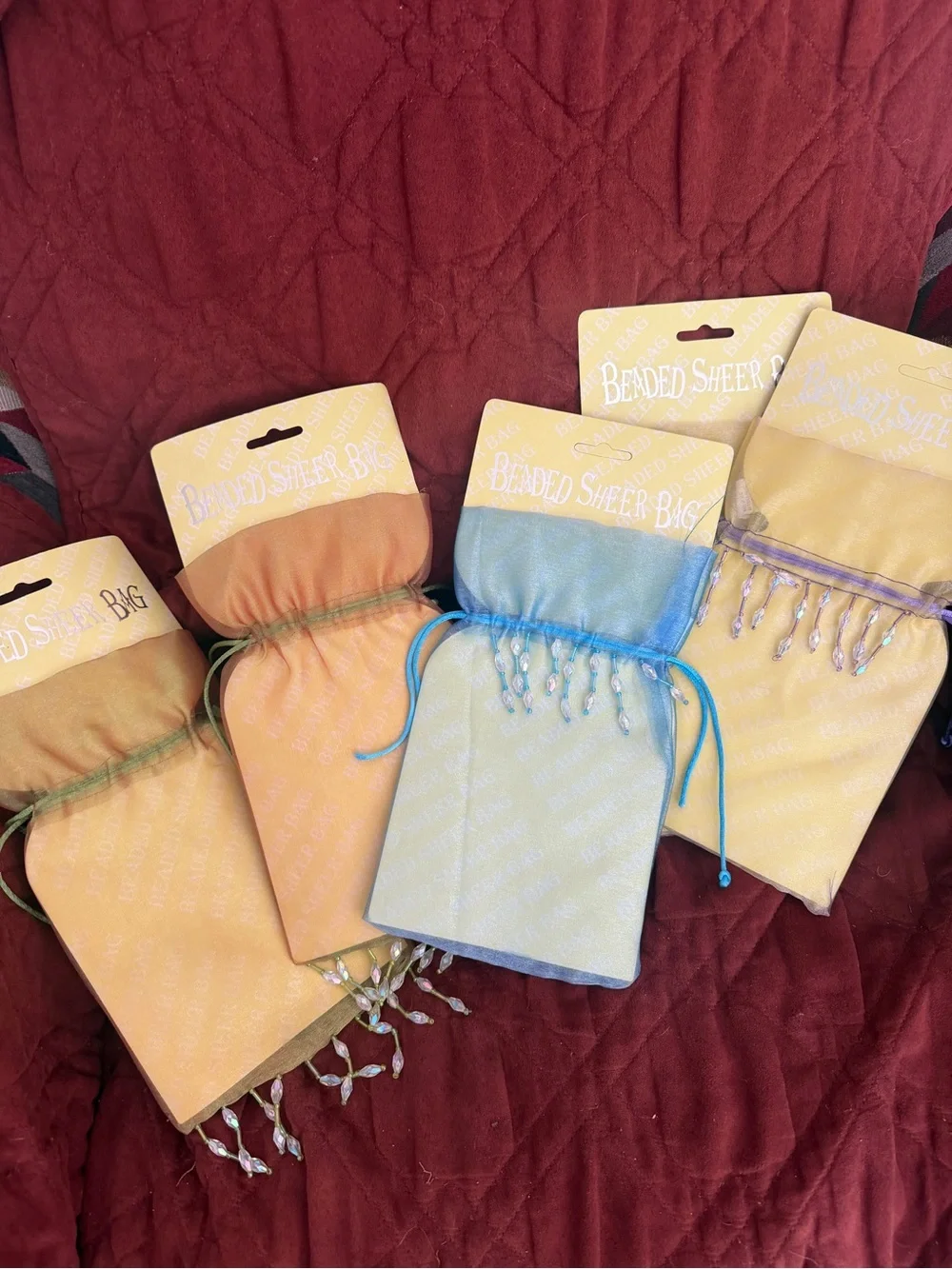 Beaded Sheer Drawstring Bags - Pastel Yellow, Peach, Blue